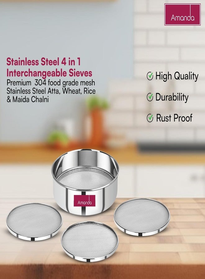Amanda Stainless Steel 4 in 1 Interchangeable Sieves | Premium 304 Quality Stainless Steel| Size - 8 (Diameter - 19cms) | Atta, Wheat, Rice & Maida Chalni | (Size 9(Diameter - 21cms)) - Image 5